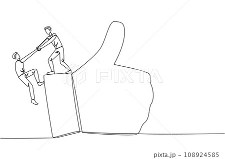 Single continuous line drawing businessman helps colleague climb big finger gesture thumbs up. Working together towards success. Positive vibes. Cohesiveness. One line design vector illustration Single continuous line drawing businessman helps colleague climb big finger gesture thumbs up. Working together towards success. Positive vibes. Cohesiveness. One line design vector illustration 108924585
