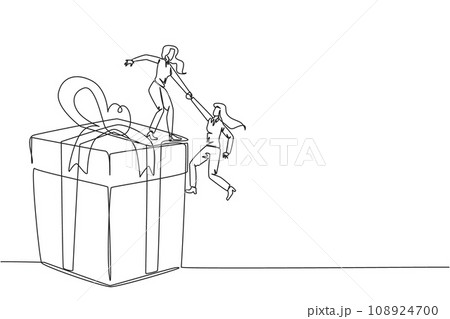 Single one line drawing businesswoman helps colleague climb big gift box. Integrated teamwork to reach the highest level for rewards. Helping each other. Continuous line design graphic illustration Single one line drawing businesswoman helps colleague climb big gift box. Integrated teamwork to reach the highest level for rewards. Helping each other. Continuous line design graphic illustration 108924700