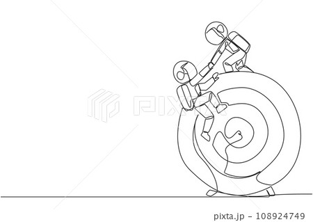 Single one line drawing young astronaut helps colleague climb the big arrow board target. Metaphors help focus on completing tasks one at time. Together. Continuous line design graphic illustration Single one line drawing young astronaut helps colleague climb the big arrow board target. Metaphors help focus on completing tasks one at time. Together. Continuous line design graphic illustration 108924749