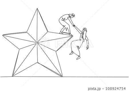 Single one line drawing Arab businessman helps colleague climb big star. Metaphor of achieving dreams of success together. Have a very good career position. Continuous line design graphic illustration 108924754