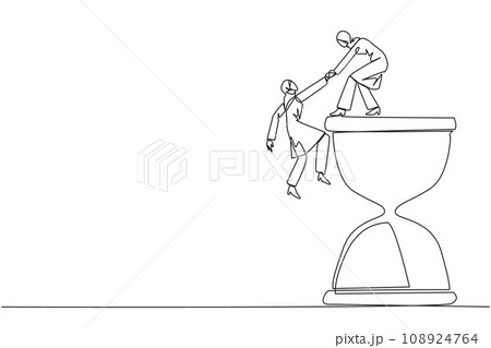 Continuous one line drawing Arab businesswoman helps colleague climb hourglass. Have many assignment deadlines. Sharing with colleague will become easier. Single line draw design vector illustration 108924764