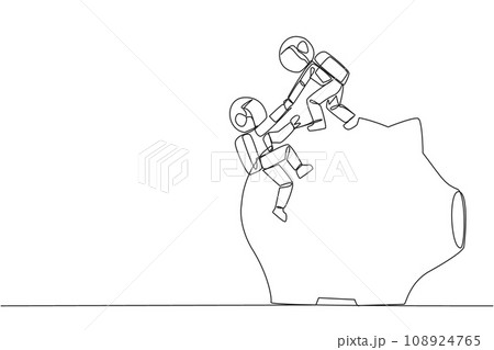 Single one line drawing astronaut helps colleague climb the big piggy bank. Remind each other in kindness. Investment for the future. Super great teamwork. Continuous line design graphic illustration 108924765