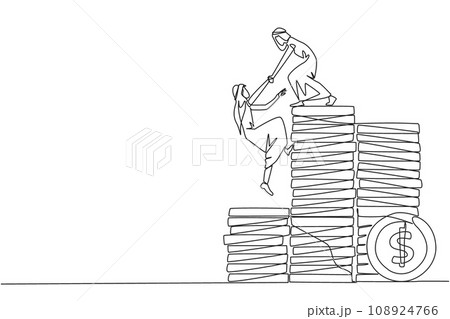 Single continuous line drawing Arab businessman helps colleague climb pile of coins. Metaphors help achieve financial targets before entering retirement. Teamwork. One line design vector illustration 108924766