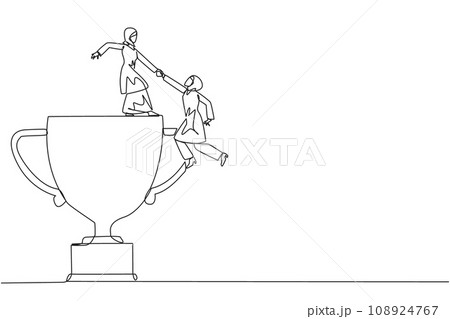 Single one line drawing Arabian businesswoman helps colleague climb big trophy. Achievement that cannot be achieved without great teamwork. Smart teamwork. Continuous line design graphic illustration 108924767