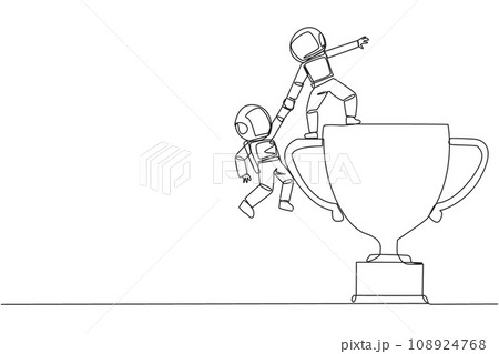 Continuous one line drawing astronaut helps colleague climb the big trophy. Achievement that cannot be achieved without great teamwork. Smart teamwork. Single line draw design vector illustration 108924768
