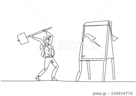 Single continuous line drawing businesswoman preparing to hit big flip chart with hammer. Rampage. Destroy business report that are not as desired. Anger exploded. One line design vector illustration 108924778