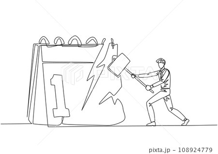 Single one line drawing businessman preparing to hit the big desk calendar. Very angry expression. Lots of deadlines, holiday schedules become messy. Irate. Continuous line design graphic illustration Single one line drawing businessman preparing to hit the big desk calendar. Very angry expression. Lots of deadlines, holiday schedules become messy. Irate. Continuous line design graphic illustration 108924779