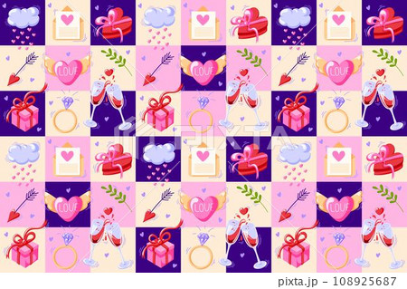 Valentines day. Romantic geometric seamless pattern with heart, wineglass, envelope, arrow, cloud, heart with wings, ring and squares in cartoon style. Vector illustration. Valentines day. Romantic geometric seamless pattern with heart, wineglass, envelope, arrow, cloud, heart with wings, ring and squares in cartoon style. Vector illustration. 108925687