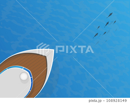 Summer holiday background with yacht sailing. Top aerial view. Bird eye view, water sport theme, tourism, yacht rental, adventures, vacation, cruising.	 108928149