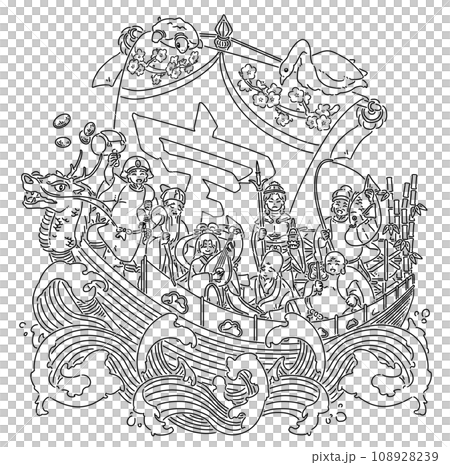 Line drawing of the treasure ship with the Seven Lucky Gods on board 108928239