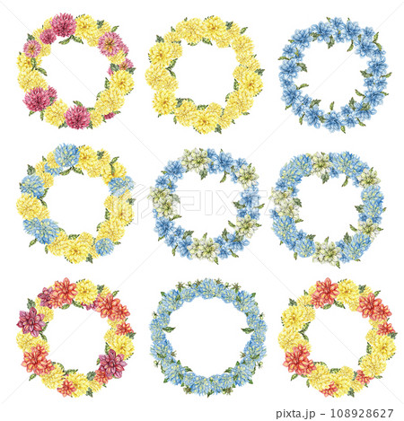 Flowers wreath with dahlia, watercolor illustration for cards, backgrounds. Watercolor illustration for scrapbooking. Hand drawn background with flower for your design. Perfect for wedding invitation. Flowers wreath with dahlia, watercolor illustration for cards, backgrounds. Watercolor illustration for scrapbooking. Hand drawn background with flower for your design. Perfect for wedding invitation. 108928627