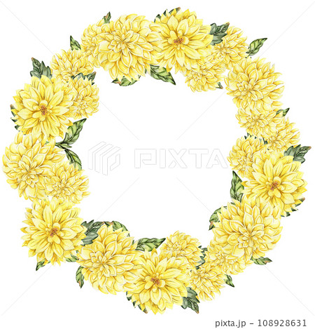 Flowers wreath with dahlia, watercolor illustration for cards, backgrounds. Watercolor illustration for scrapbooking. Hand drawn background with flower for your design. Perfect for wedding invitation. 108928631