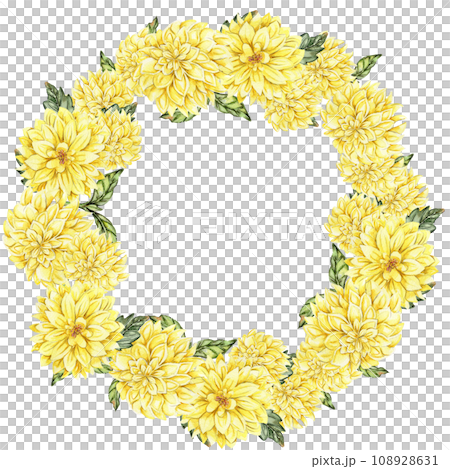 Flowers wreath with dahlia, watercolor illustration for cards, backgrounds. Watercolor illustration for scrapbooking. Hand drawn background with flower for your design. Perfect for wedding invitation. 108928631