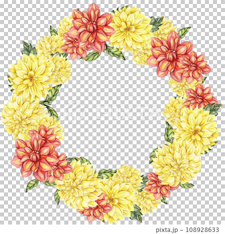 Flowers wreath with dahlia, watercolor illustration for cards, backgrounds. Watercolor illustration for scrapbooking. Hand drawn background with flower for your design. Perfect for wedding invitation. Flowers wreath with dahlia, watercolor illustration for cards, backgrounds. Watercolor illustration for scrapbooking. Hand drawn background with flower for your design. Perfect for wedding invitation. 108928633