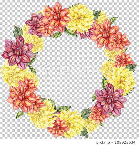 Flowers wreath with dahlia, watercolor illustration for cards, backgrounds. Watercolor illustration for scrapbooking. Hand drawn background with flower for your design. Perfect for wedding invitation. 108928634
