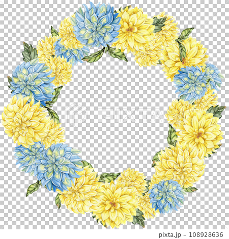 Flowers wreath with dahlia, watercolor illustration for cards, backgrounds. Watercolor illustration for scrapbooking. Hand drawn background with flower for your design. Perfect for wedding invitation. Flowers wreath with dahlia, watercolor illustration for cards, backgrounds. Watercolor illustration for scrapbooking. Hand drawn background with flower for your design. Perfect for wedding invitation. 108928636