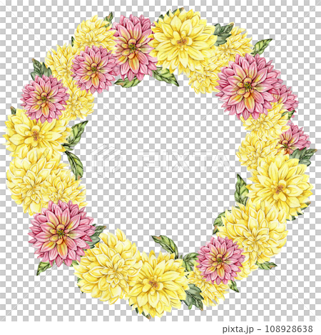 Flowers wreath with dahlia, watercolor illustration for cards, backgrounds. Watercolor illustration for scrapbooking. Hand drawn background with flower for your design. Perfect for wedding invitation. Flowers wreath with dahlia, watercolor illustration for cards, backgrounds. Watercolor illustration for scrapbooking. Hand drawn background with flower for your design. Perfect for wedding invitation. 108928638