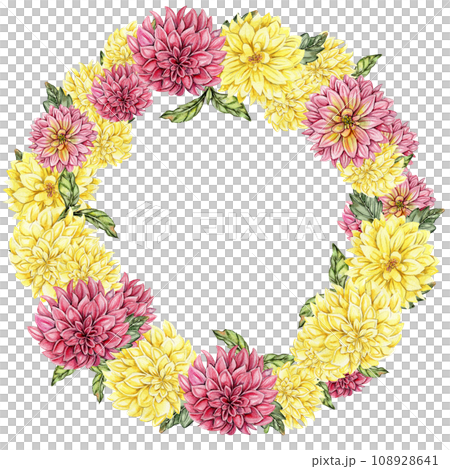Flowers wreath with dahlia, watercolor illustration for cards, backgrounds. Watercolor illustration for scrapbooking. Hand drawn background with flower for your design. Perfect for wedding invitation. 108928641