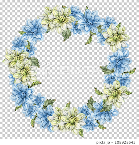 Flowers wreath with dahlia, watercolor illustration for cards, backgrounds. Watercolor illustration for scrapbooking. Hand drawn background with flower for your design. Perfect for wedding invitation. 108928643