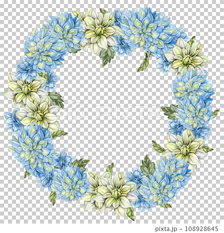 Flowers wreath with dahlia, watercolor illustration for cards, backgrounds. Watercolor illustration for scrapbooking. Hand drawn background with flower for your design. Perfect for wedding invitation. Flowers wreath with dahlia, watercolor illustration for cards, backgrounds. Watercolor illustration for scrapbooking. Hand drawn background with flower for your design. Perfect for wedding invitation. 108928645
