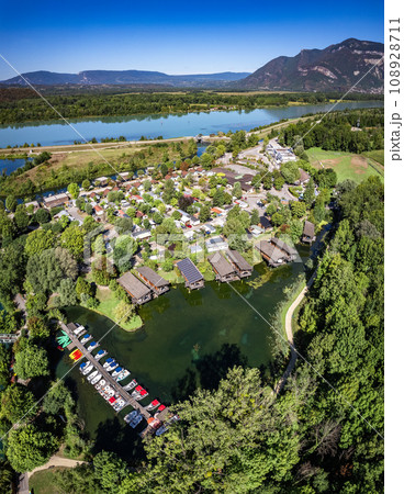 Aerial view of Chanaz, Canal de Savieres in Savoie, France Aerial view of Chanaz, Canal de Savieres in Savoie, France 108928711