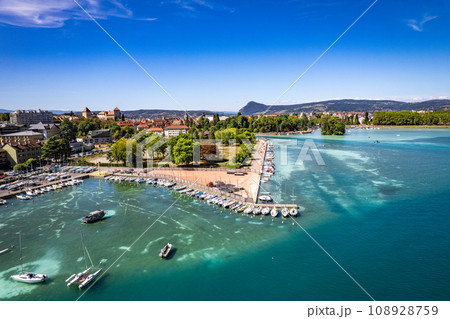 Aerial view of Annecy city Centre, plage des marquisats or marquisats beach, in Haute Savoie, France 108928759
