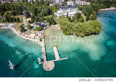 Aerial view of Annecy city Centre, plage de l imperial or imperial beach in Haute Savoie, France 108928766