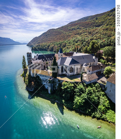 Aerial view of Abbey of Hautecombe, or Abbaye d'Hautecombe, in Savoie, France 108928798