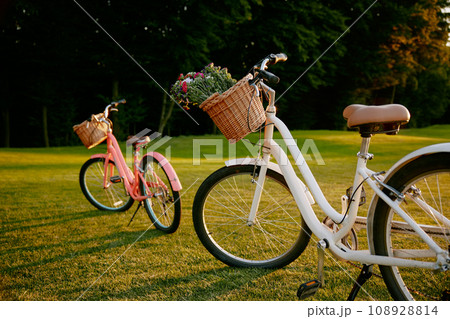 Bicycles with wildflower blossoms in wicker basket on lawn 108928814