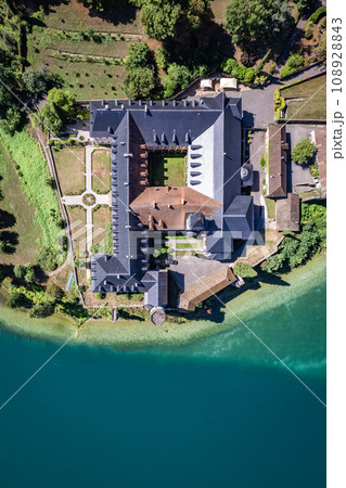 Aerial view of Abbey of Hautecombe, or Abbaye d'Hautecombe, in Savoie, France 108928843