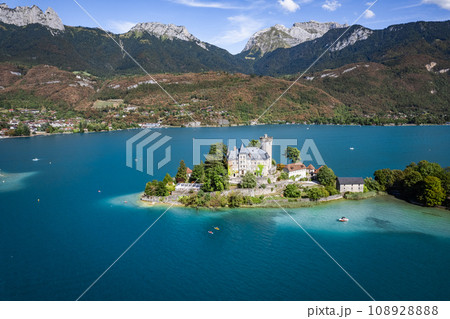 Aerial view of Duingt castle or Chateau de Duingt in Annecy lake, Haute Savoie, France 108928888