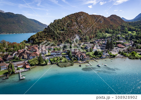 Aerial view of Duingt castle or Chateau de Duingt in Annecy lake, Haute Savoie, France 108928902