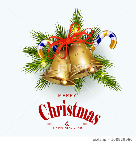 Christmas isolated element, golden shiny bells with staff 108929960