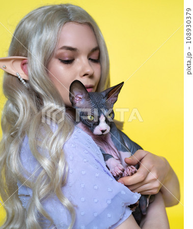 Close-up view of cosplay elf young female with Sphynx cat on yellow background 108930379