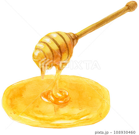 はちみつスプーン・はちみつの水たまりの水彩イラスト はちみつスプーン・はちみつの水たまりの水彩イラスト 108930460