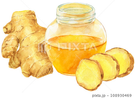 ハチミツ生姜の水彩イラスト　ハチミツ入りの瓶 108930469