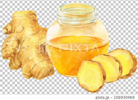 ハチミツ生姜の水彩イラスト　ハチミツ入りの瓶 108930469