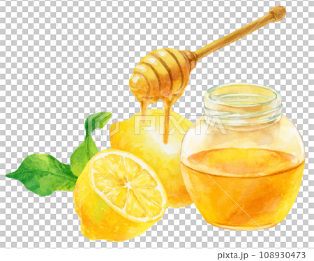 Honey lemon watercolor illustration, 2 lemons, honey dipper, honey bottle 108930473