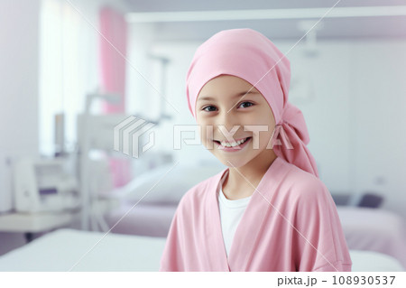 Happy cancer patient. Smiling girl after chemotherapy treatment at hospital oncology department. Leukemia cancer recovery. Cancer survivor. Smiling bald cute girl with a pink headscarf. Generative AI. 108930537