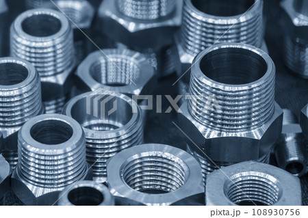 Close up scene the set of pipe connector parts in the light blue scene. 108930756