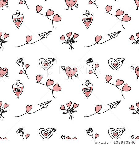 Romantic doodle pattern for Valentines Day. Vector illustration. 108930846