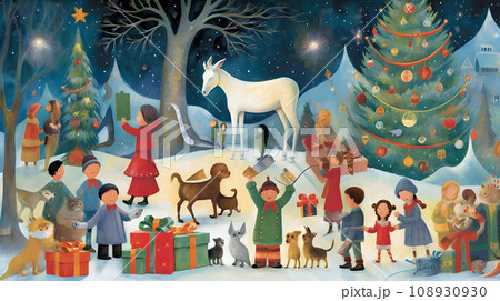 版画のようなかわいいクリスマスの世界 版画のようなかわいいクリスマスの世界 108930930