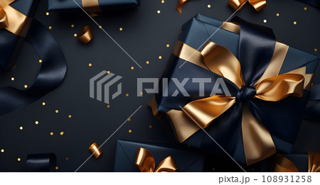 Merry Christmas and Happy New Year background with gold and blue baubles and gift boxes. 3d rendering 108931258