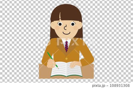 A brown-haired Japanese woman wearing a blazer school uniform is trying to write something with a pencil in a notebook in front of her desk. 108931308