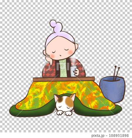 おばあさんとネコがこたつでのんびりしているイラスト 108931898