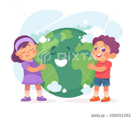 Ecology with Little Boy and Girl Character Embrace Planet Enjoy Sustainable Lifestyle Vector Illustration 108932392