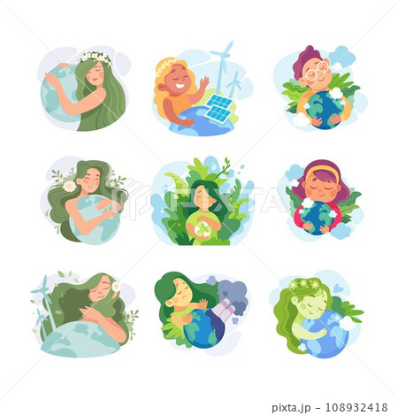 Ecology with Boy and Girl Character with Earth Globe Enjoy Sustainable Lifestyle Vector Set 108932418