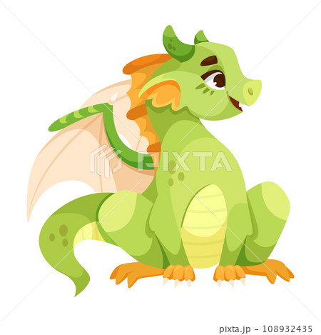 Fairy Green Baby Dragon as Winged and Horned Legendary Creature Vector Illustration 108932435