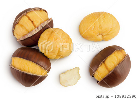 roasted peeled chestnut isolated on white background wit full depth of field. Top view. Flat lay roasted peeled chestnut isolated on white background wit full depth of field. Top view. Flat lay 108932590