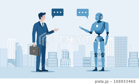 Artificial intelligence and Ai technologies assistance concept, businessman talking to android modern robot making research business plan,Human using chatbots generates image,articles,image,program 108933468
